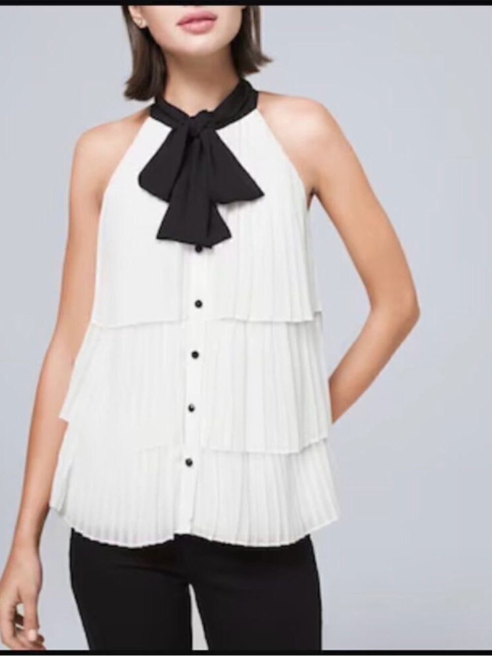 White House Black Market Black & White Pleated Tiered Halter Camisole
